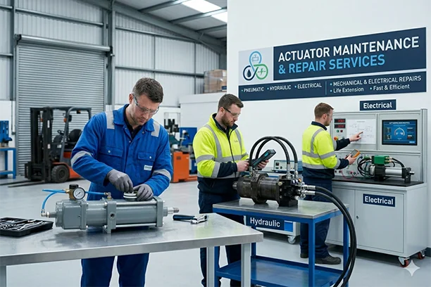 Industrial valve actuator maintenance and overhaul showing pneumatic and hydraulic components