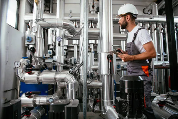 Industrial boiler maintenance inspection showing pressure gauge and safety valve checks